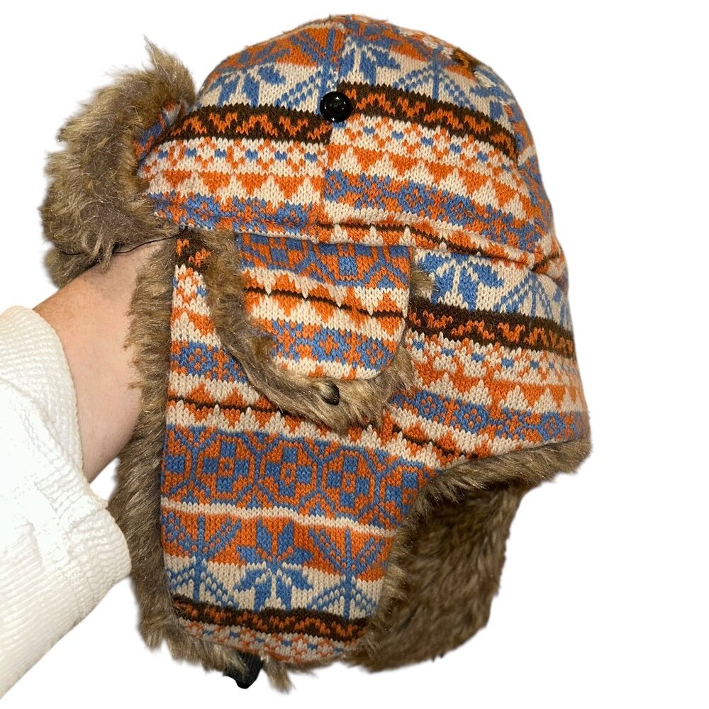 Pugs orange blue Fair isle sweater knit faux fur trapper hat